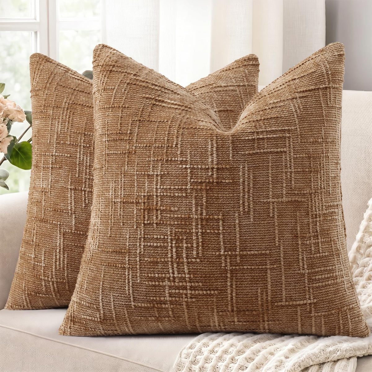 decorUhome Textured Chenille Throw Pillow Covers 18x18 Set of 2 Ivory