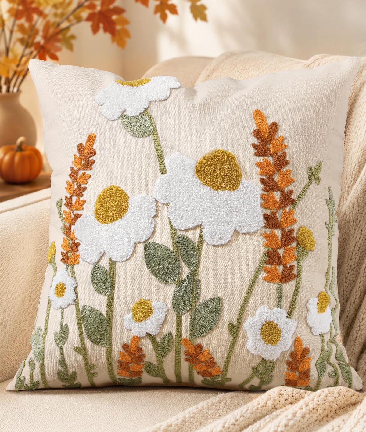Embroidered Throw Pillow Cover, 18x18 Inch, Fall Abstract Floral