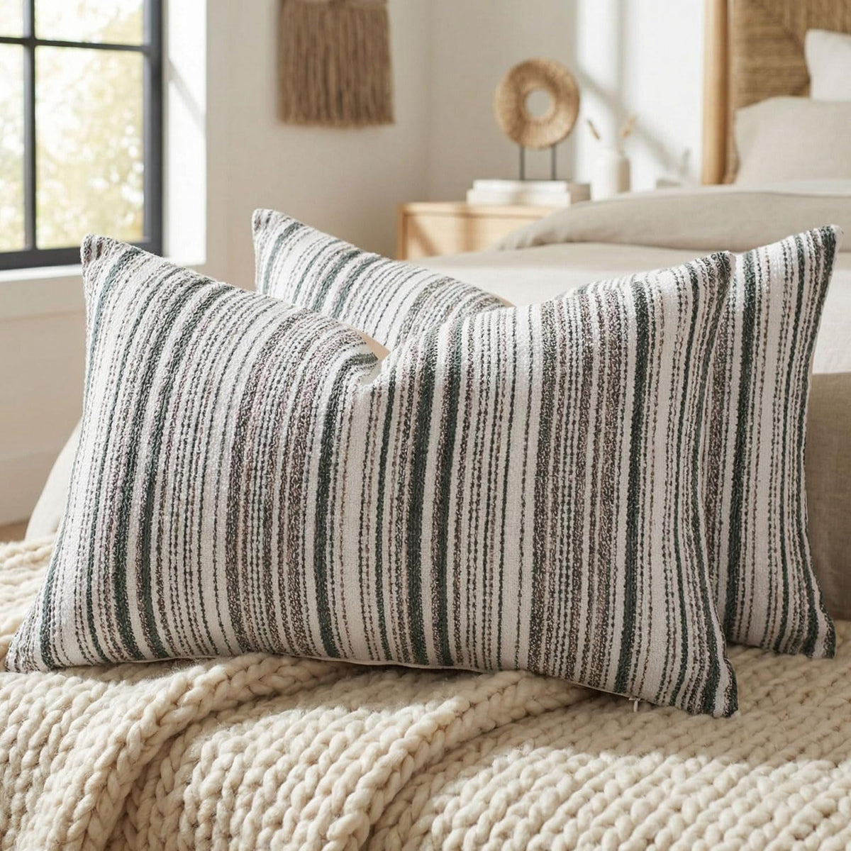 Set of 2 Striped Chenille Throw Pillow Covers 18x18 Inches Premium Plush Textured Decorative Cushion Covers Reinforced Hidden Zipper Mid-Century Modern Farmhouse Decor for Couch Sofa Beige
