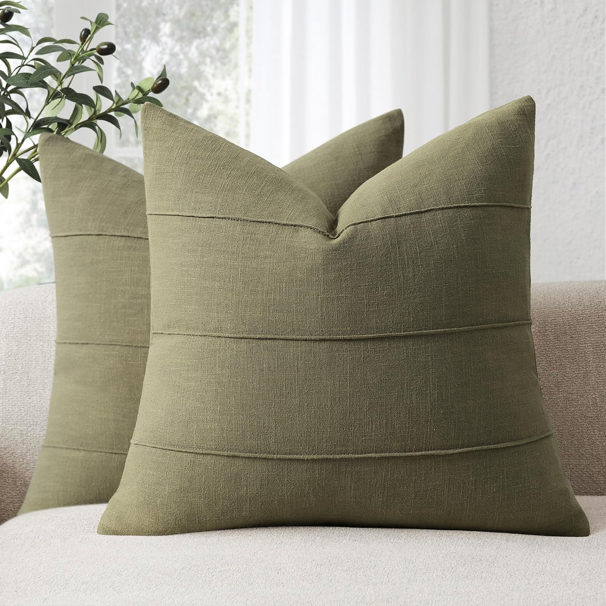 Decorative Linen Throw Pillow Covers 18x18 Set of 2 Solid handcrafted Striped Cushion Covers for Bed Soft Modern Farmhouse Neutral Pillowcase for Couch Bedroom Living Room Home Decor(Cream White)