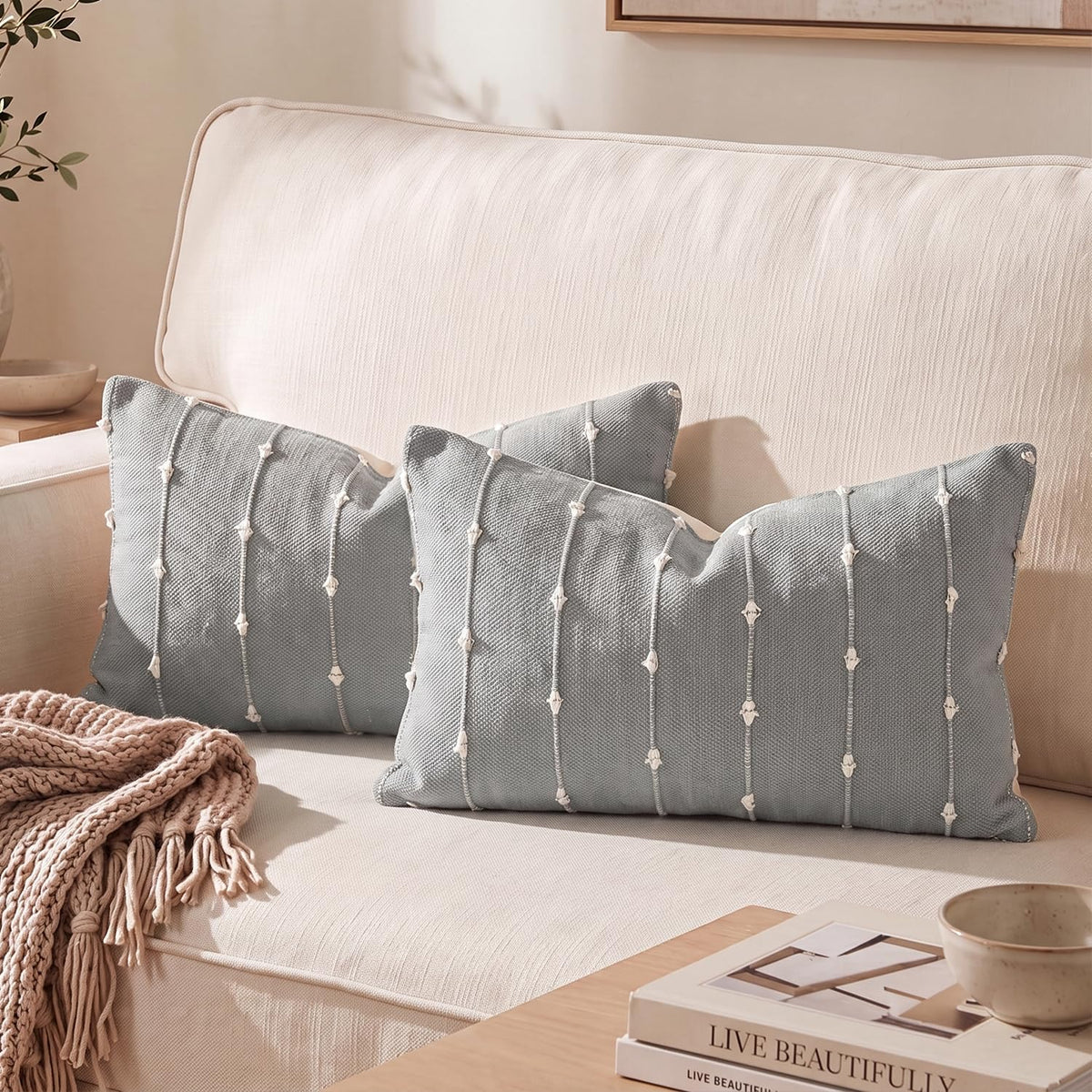 AVOIN colorlife Beige Black Boho Linen Throw Pillow Covers 18x18 Inch 2PC