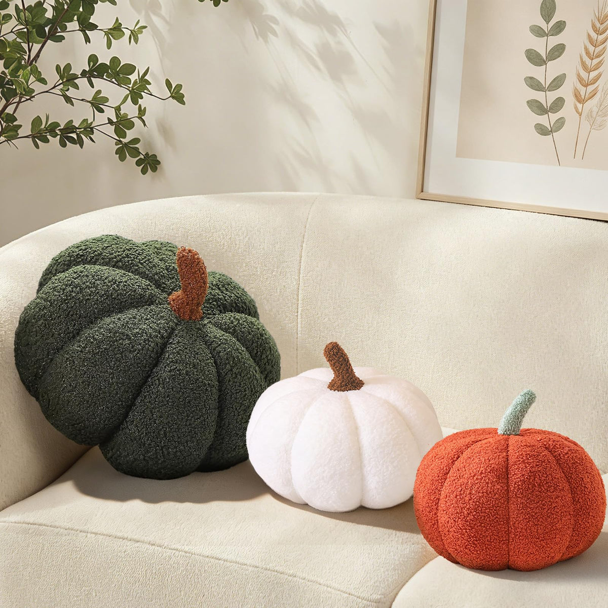 Pumpkin Pillows Fall Decor Dark Green Plush Sherpa Pumpkin Decor Pillow for Couch Bed Home Halloween Thanksgiving Party,11.02 inch