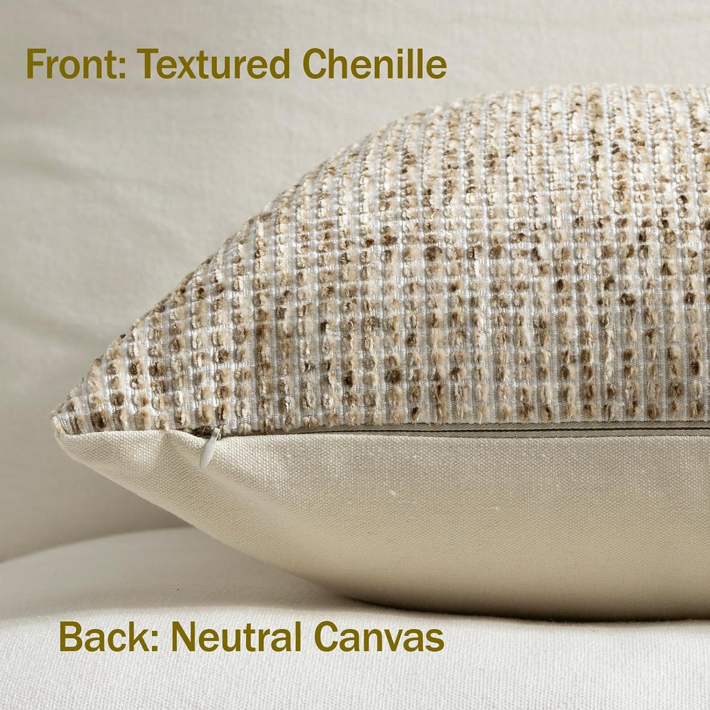 Pack of 2 Neutral Throw Pillow Covers 18x18 Boho Textured Dots Stripe Chenille Square Decorative Pillow Cases Accents for Living Room Couch Bed Farmhouse Home Decor, Taupe