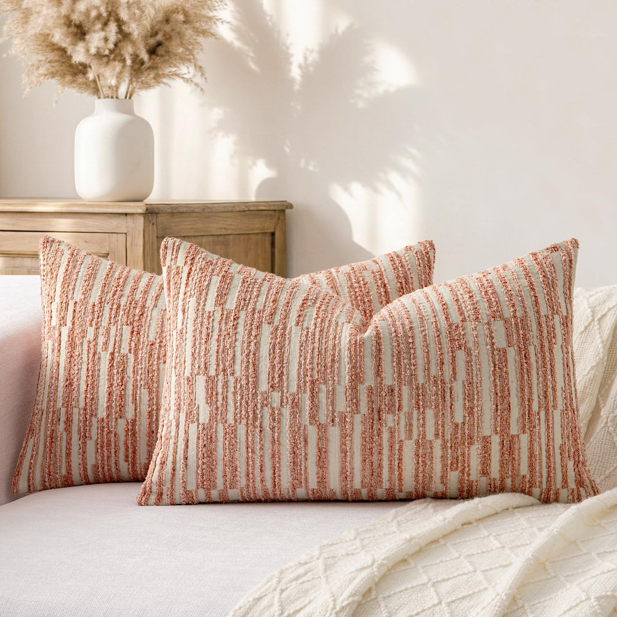 Boho Striped Decorative Throw Pillow Covers 20"X20" Set of 2,Moss Green
