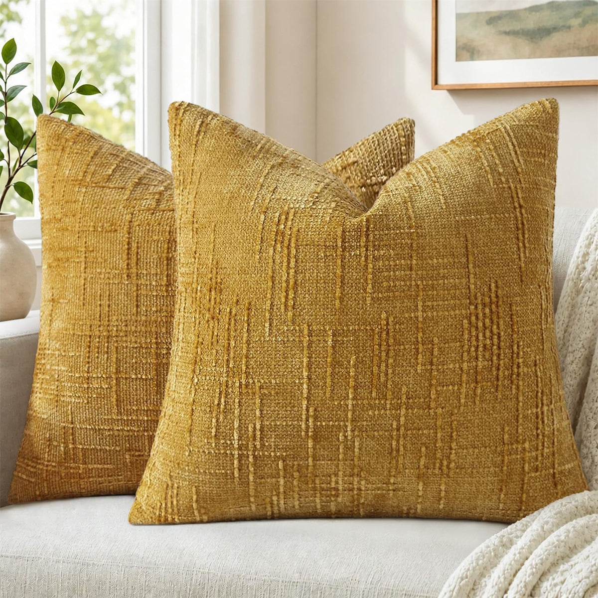 Pallene Cream White Textured Chenille Throw Pillow Covers 18x18 Set of 2
