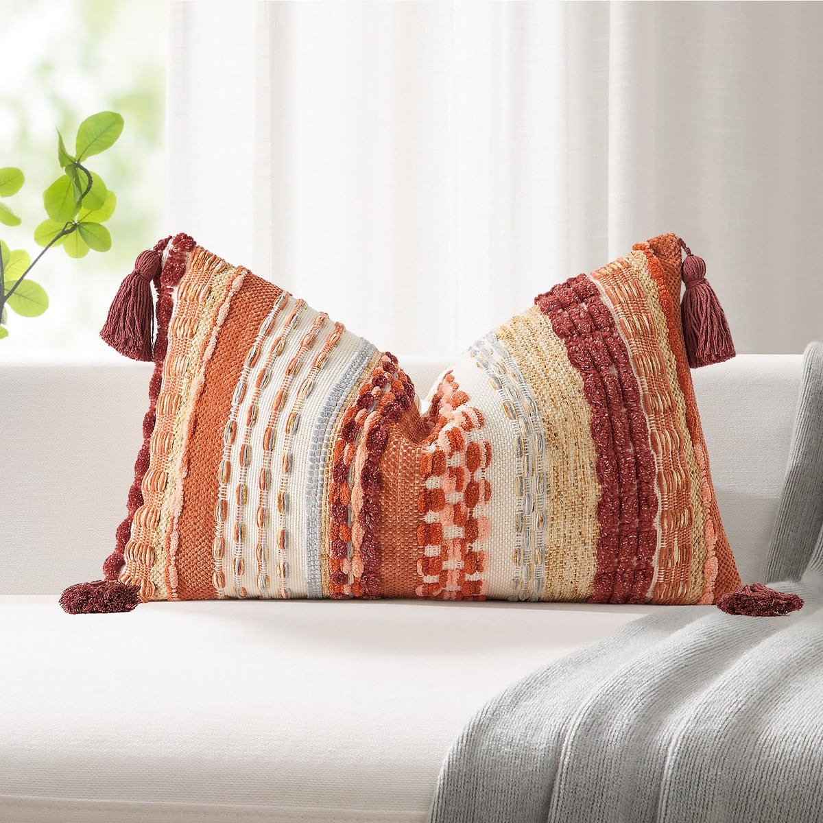 Kevin Textile Boho Tassel 12x20 Inch Lumbar Pillow Cover 1 Pack, Green