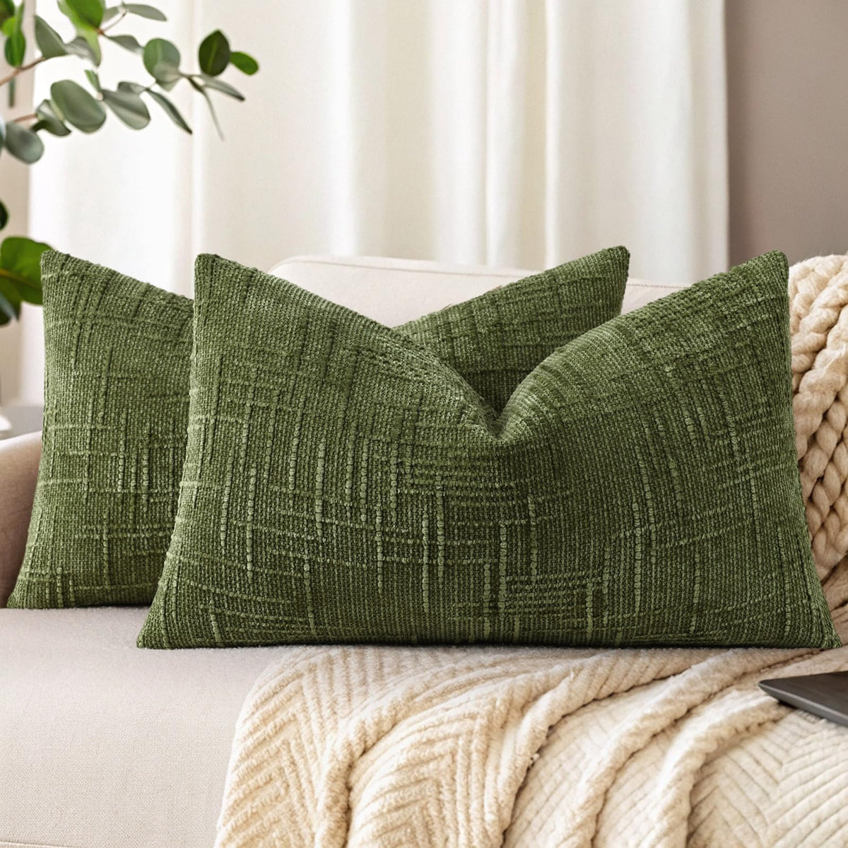 decorUhome Textured Chenille Throw Pillow Covers 18x18 Set of 2 Ivory