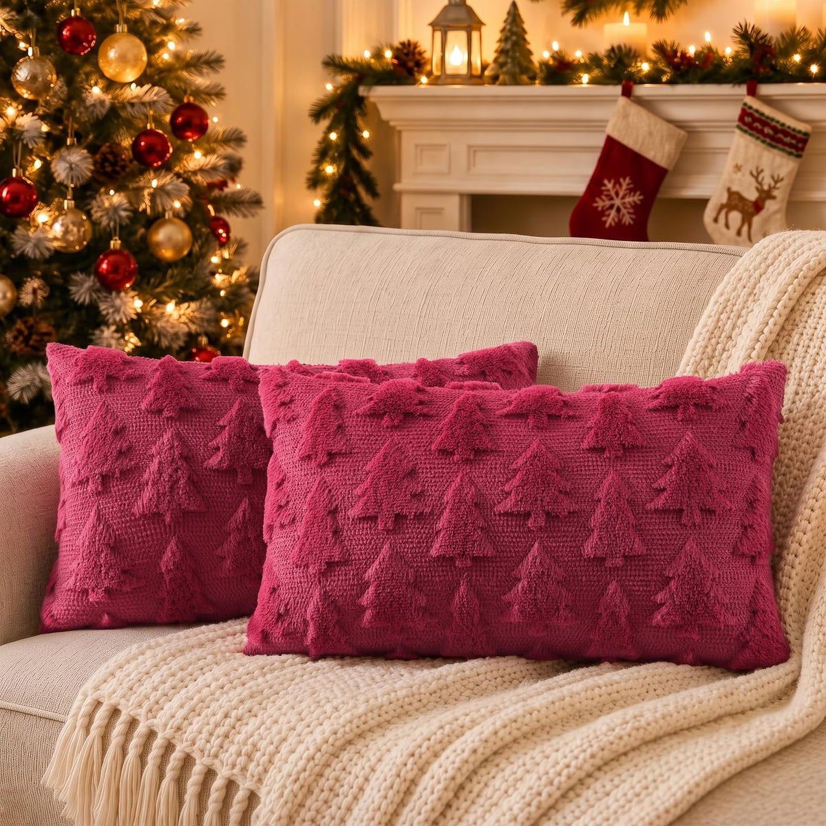 decorUhome Beige Bow Cute Girl Faux Fur Throw Pillow Covers 18x18 Set of 2