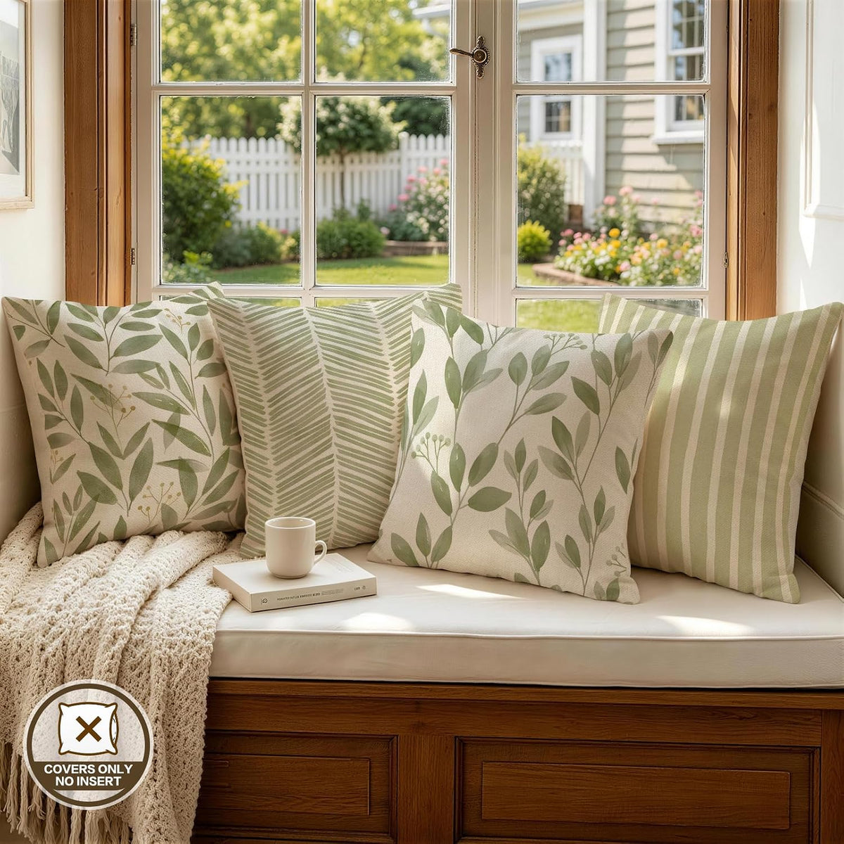 Sage Green Leaves Pillow Covers 18x18 Inch Botanical Cushion Cover Set of 4