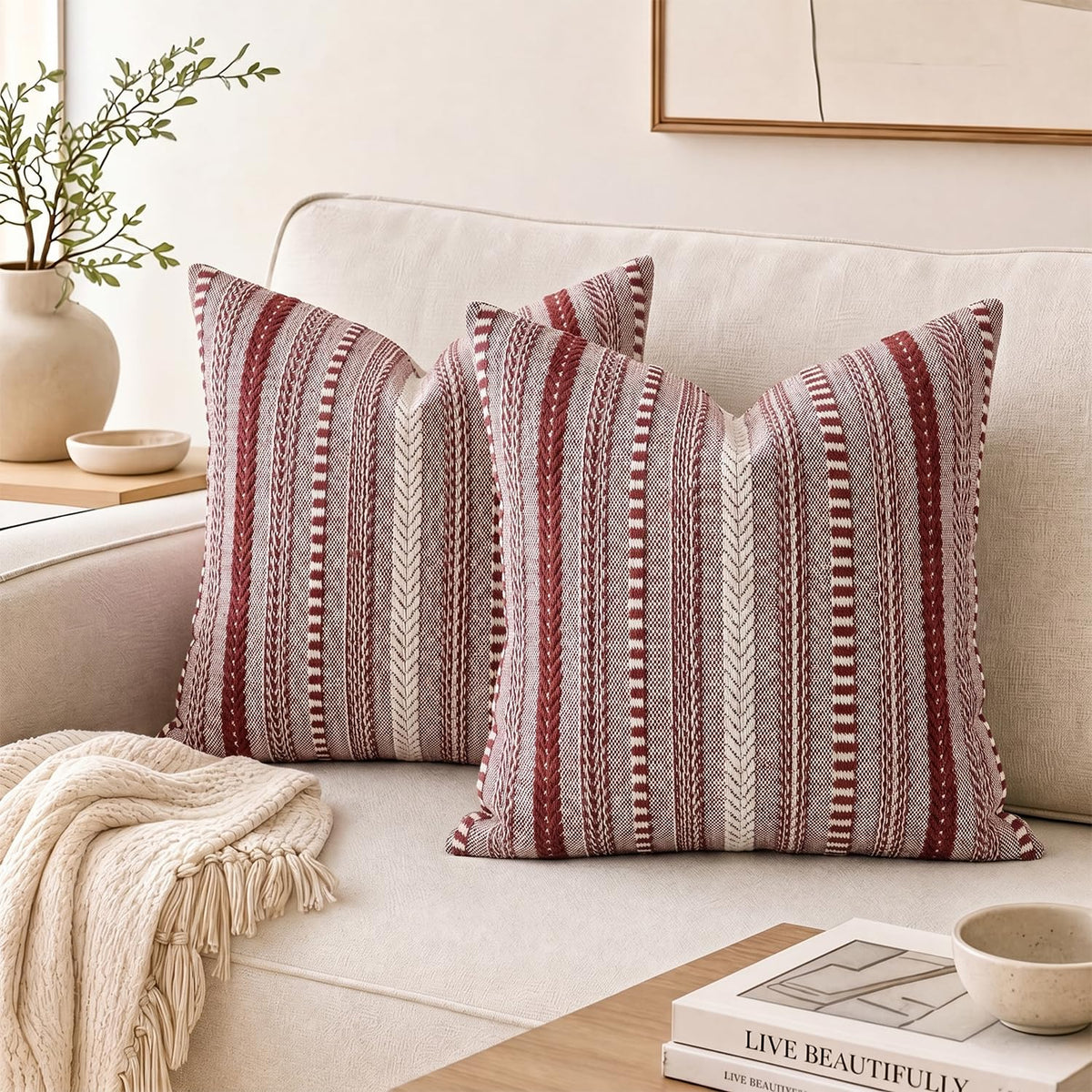 AVOIN colorlife Black Boho Decorative Throw Pillow Covers Set of 2, 18 x 18 Inch Woven Stripe Textured Rustic Cushion Case Home Decor for Living Room Couch Sofa