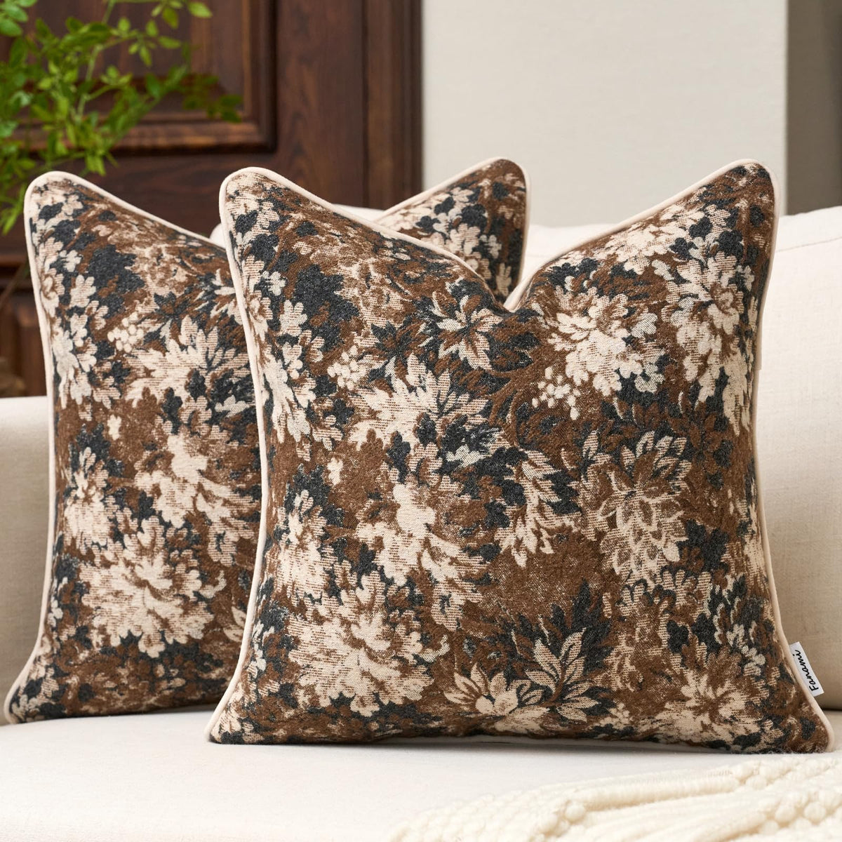 FANAMI Vintage Floral Lumbar Throw Pillow Covers 12x20 Set of 2 Boho Farmhouse Accent Pillowcase Neutral Modern Chenille Rectangle Decorative Cushion Covers for Couch Bed Living Room Home Decor, Rust
