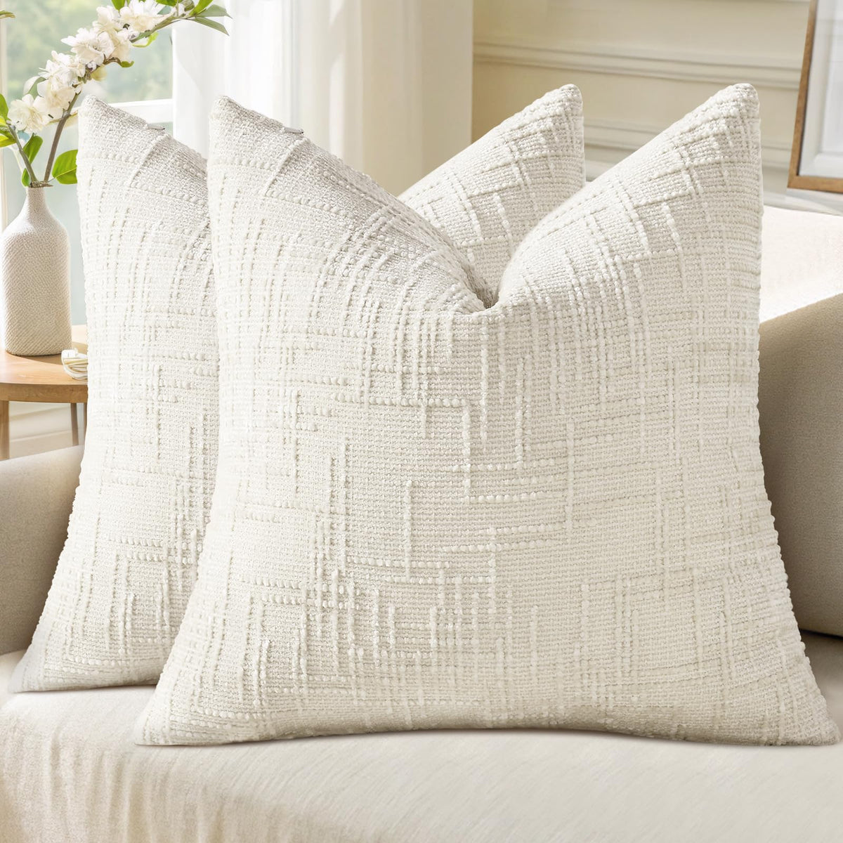 decorUhome Textured Chenille Throw Pillow Covers 18x18 Set of 2 Ivory