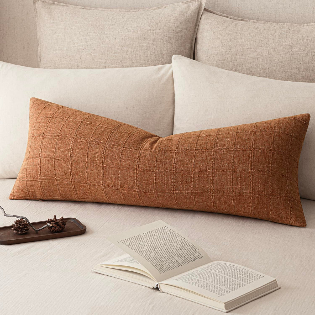 Foindtower Set of 1 Decorative Linen Check Throw Pillow Cover Neutral Farmhouse Lumbar Cushion Cover Modern Boho Home Decor for Sofa Chair Couch Bedroom Living Room,12×20 Inch,Olive Green