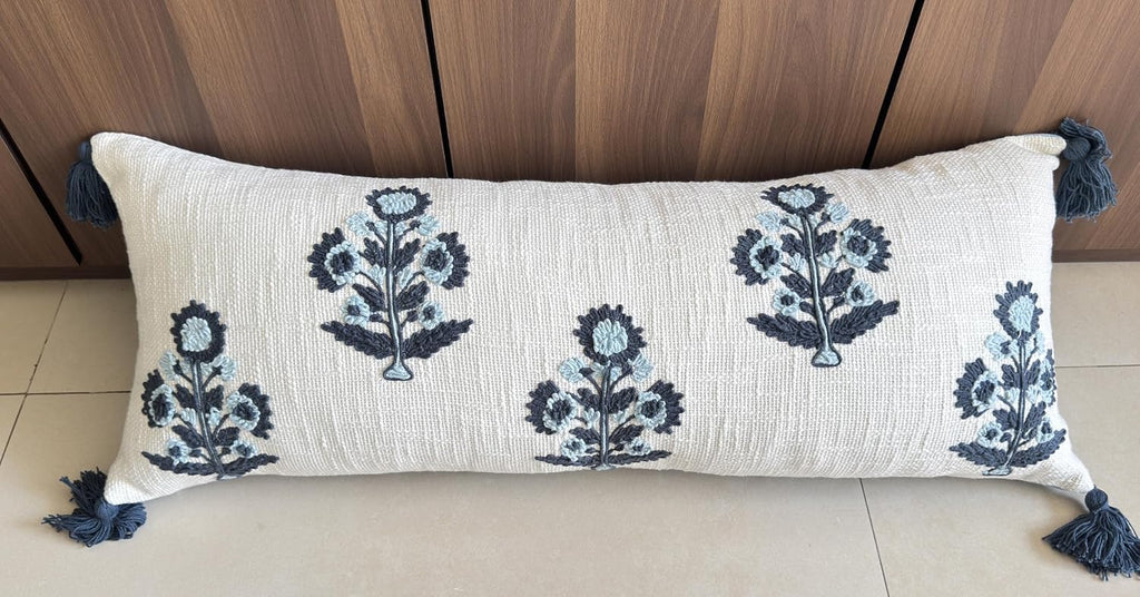 Blue Floral Hand Embroidered 20x20 Pillow Cover, Ivory