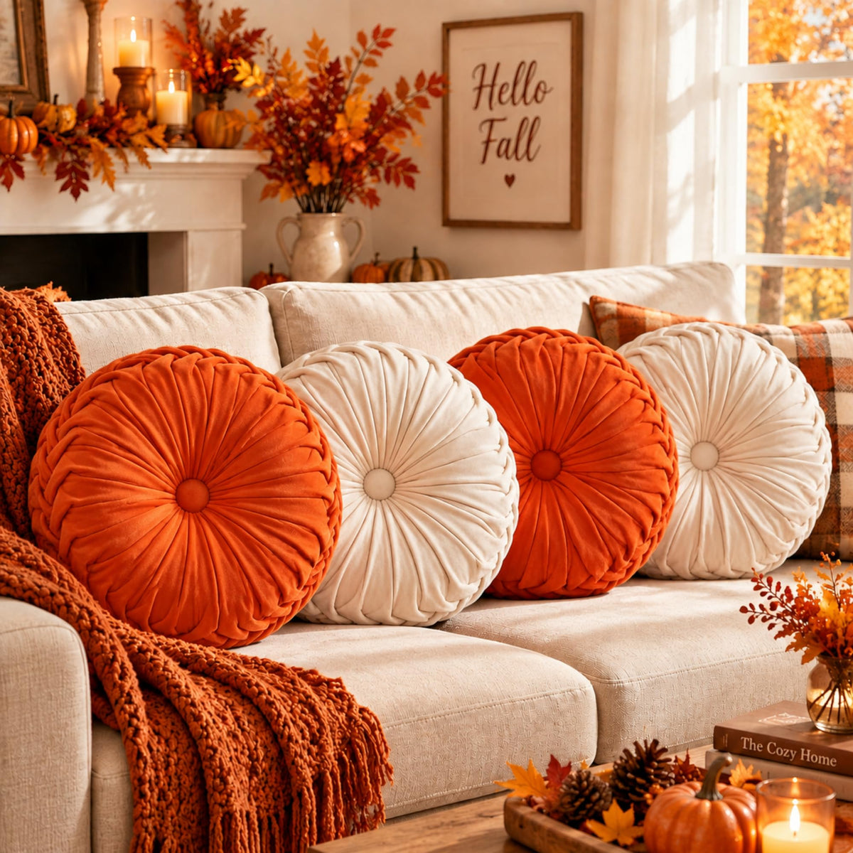Kathfly 4 Pcs Round Throw Pillows Velvet Pleated Pillows, Vintage Colors