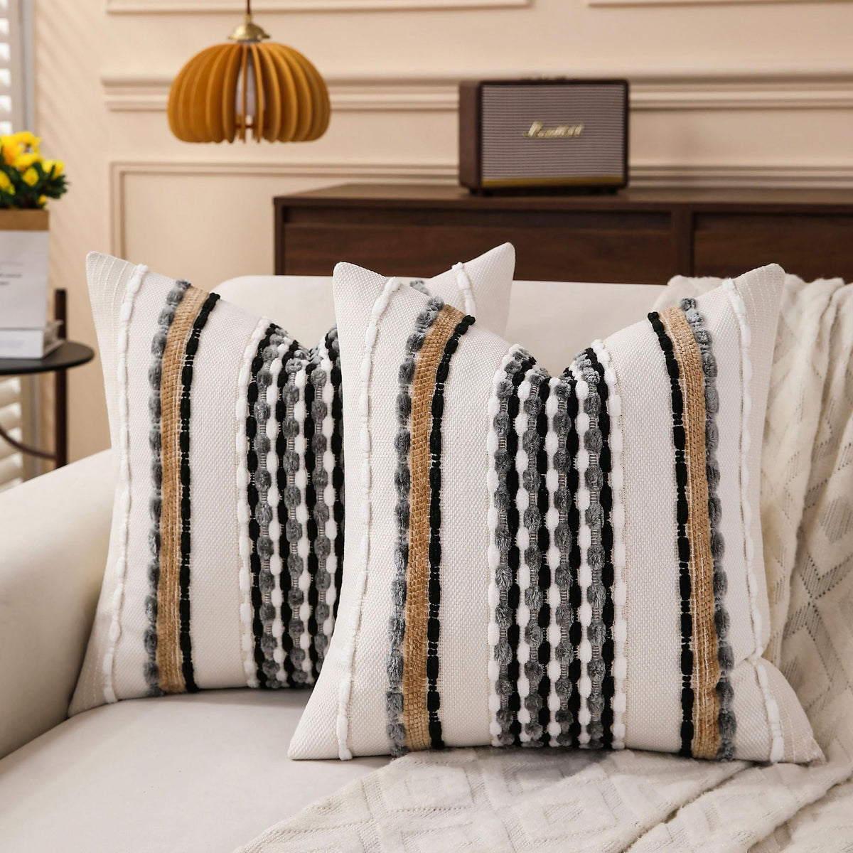 Boho Striped Throw Pillow Covers 18x18 Inch Set of 2 Farmhouse Square Decorative Pillow Covers Chenille Tufted Accent Neutral Pillowcase Grey Blue Cushion Cover for Living Room Couch Sofa Bed