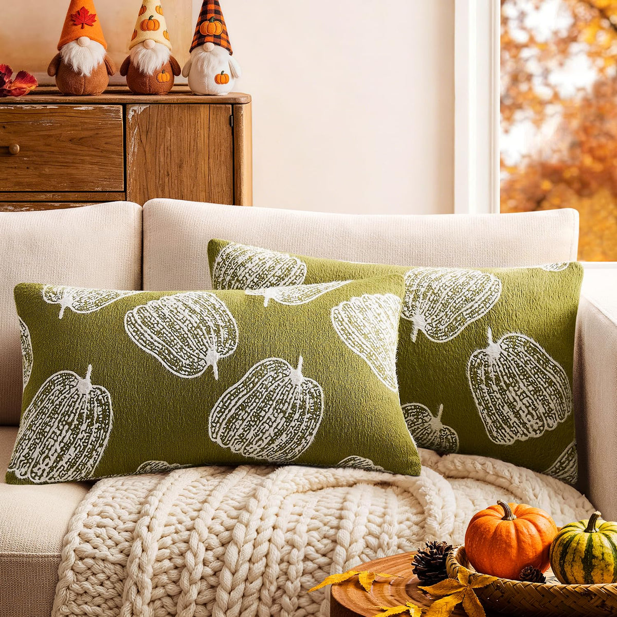 Throw Pillow Covers Set of 2 18x18 White Pumpkins Fall Camel Covers, Soft Faux Decorative Yellow Covers for Couch Sofa Bed Living Room, Farmhouse Home Boho Decor