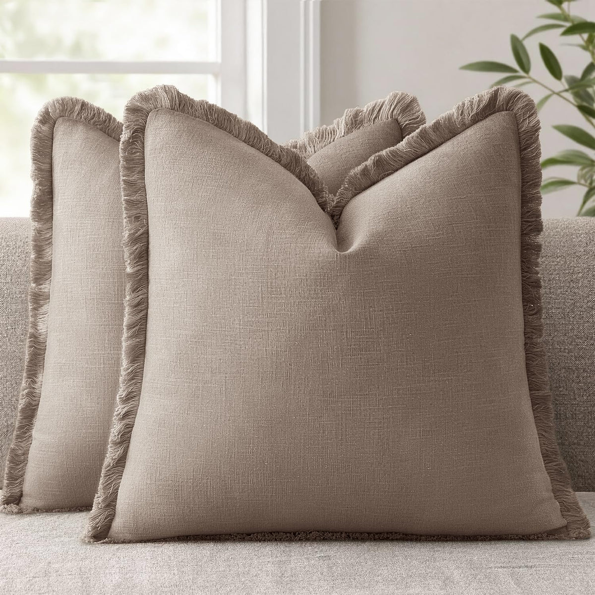 ANRODUO Decorative Linen Fringe Pillow Covers 18×18 Inch Sage Green 2 Pack