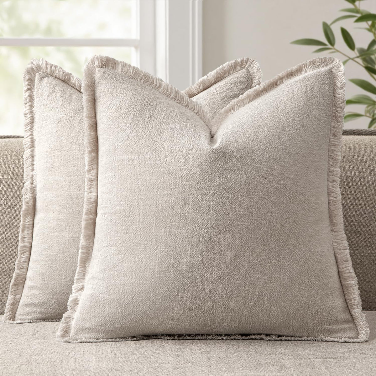 ANRODUO Decorative Linen Fringe Pillow Covers 18×18 Inch Sage Green 2 Pack