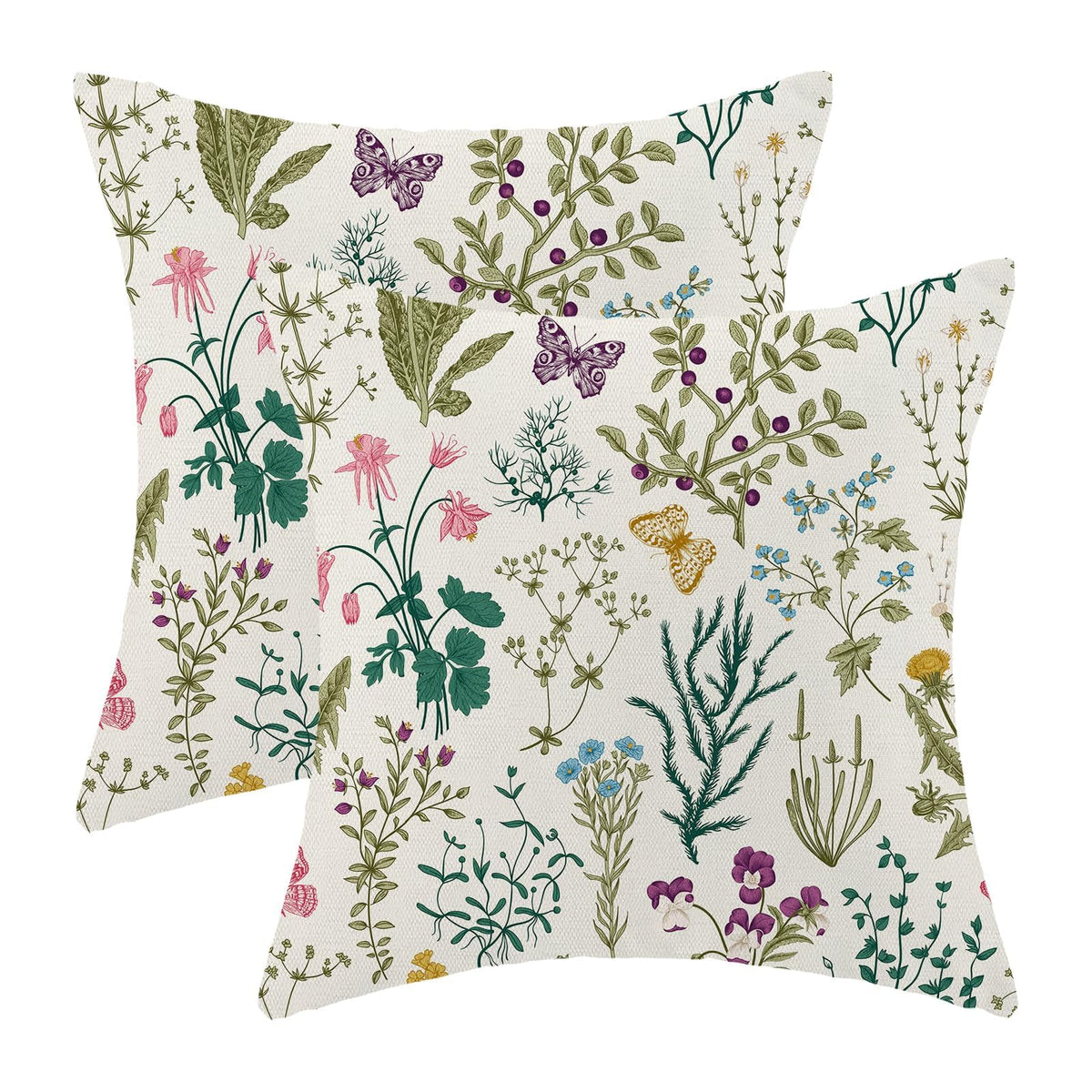 AEIOAE Spring Pillow Covers 18x18 Inch Set of 2,Blue Teal Wild Flower Plant Throw Pillows Case,Seasonal Floral Outdoor Decorative Square Linen Farmhouse Decor Cushion Covers for Home Sofa Bed Couch