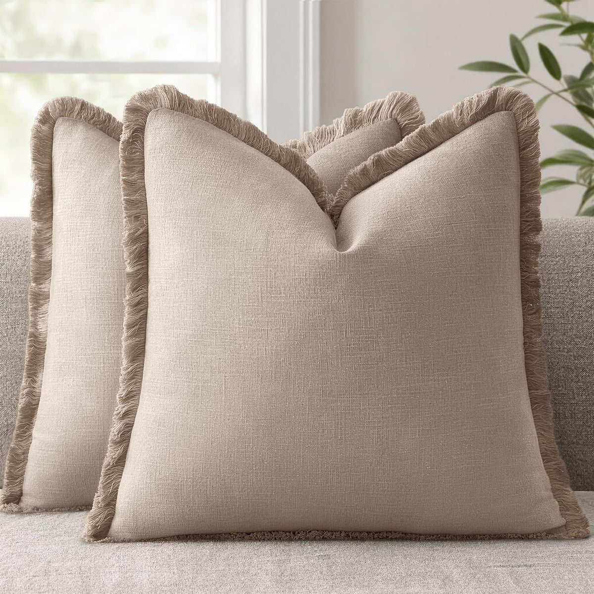 ANRODUO Decorative Linen Fringe Pillow Covers 18×18 Inch Sage Green 2 Pack