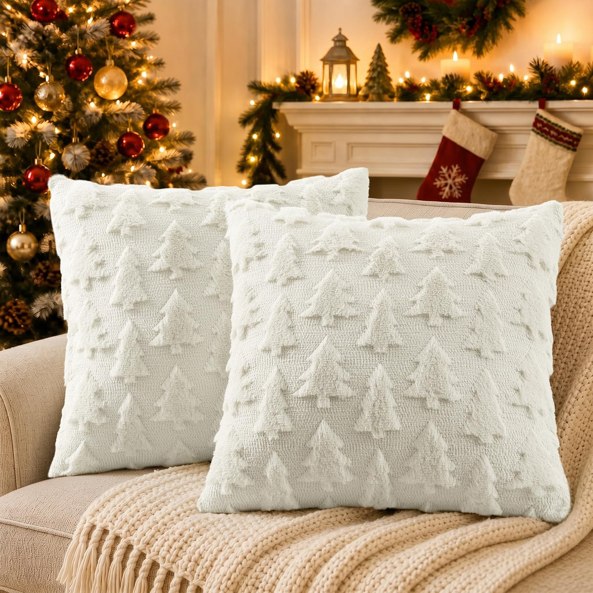 decorUhome Beige Bow Cute Girl Faux Fur Throw Pillow Covers 18x18 Set of 2