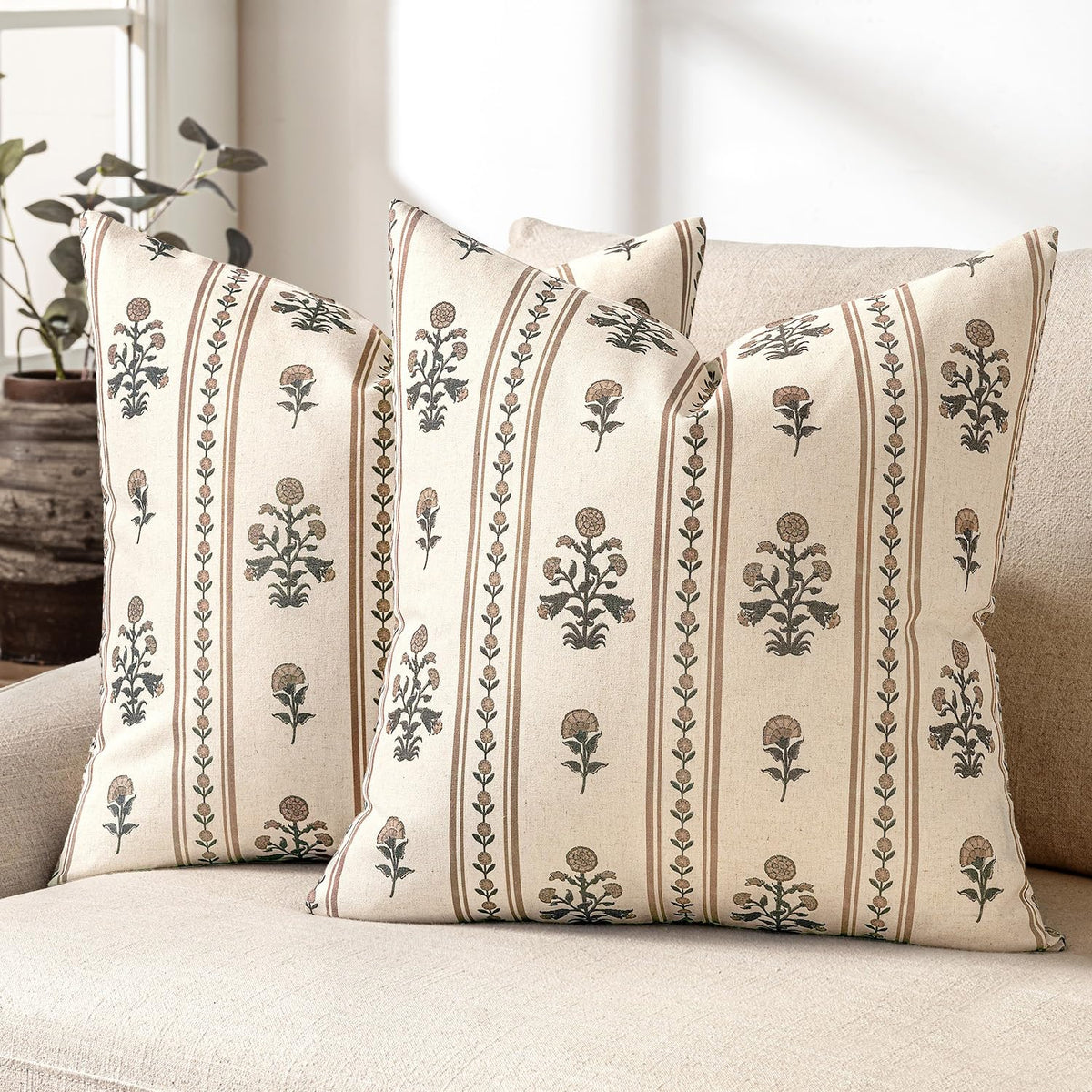 Striped Floral Throw Pillow Covers 18x18 Inch Set of 2 Brown