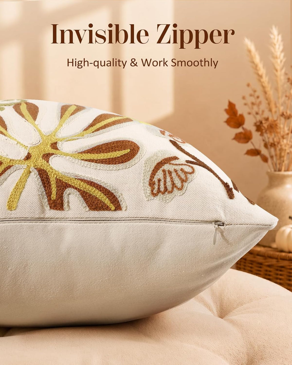 Embroidered Throw Pillow Cover, 18x18 Inch, Fall Abstract Floral