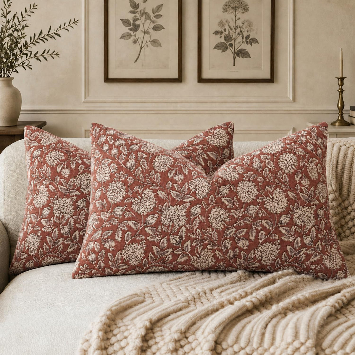 Vintage Floral Pillow Covers 18x18 Set of 2, Dahlia Botanical Block Print Style Pillow Cover Polycotton Cushion Case, Farmhouse Decor Throw Pillow for Sofa Couch Bedroom Home, Warm Brown