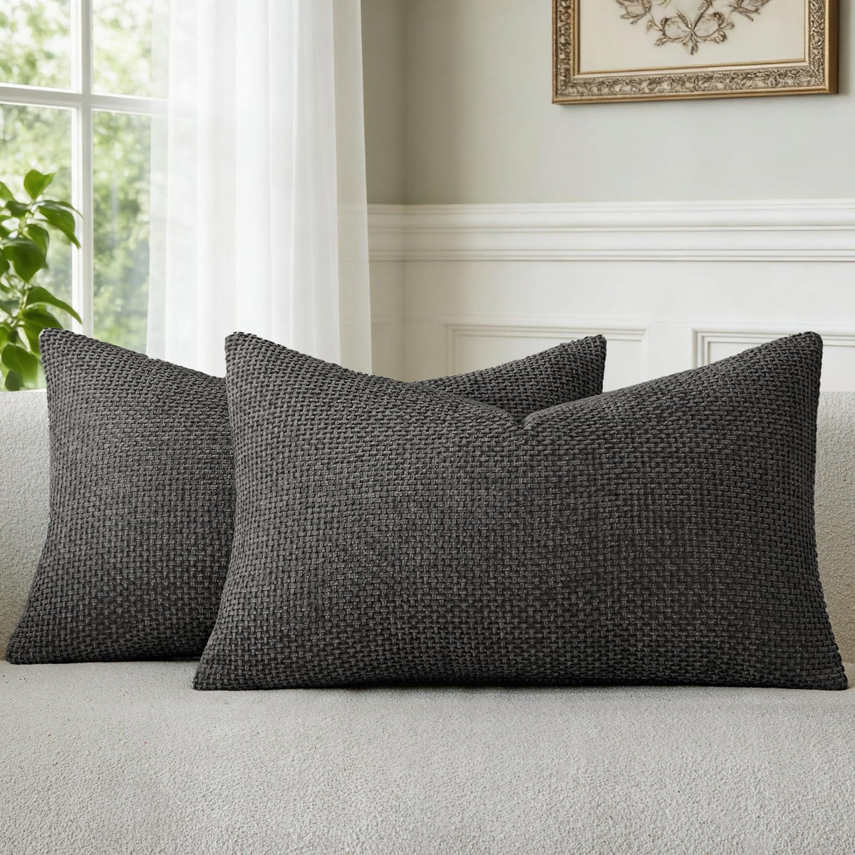 a moment Grey-Beige Chenille Throw Pillow Covers 16x16 Inch Pack of 2 Modern Decorative Throw Pillow Cases Farmhouse Cross Throw Pillowcases Home Decor for Sofa Bedroom Living Room