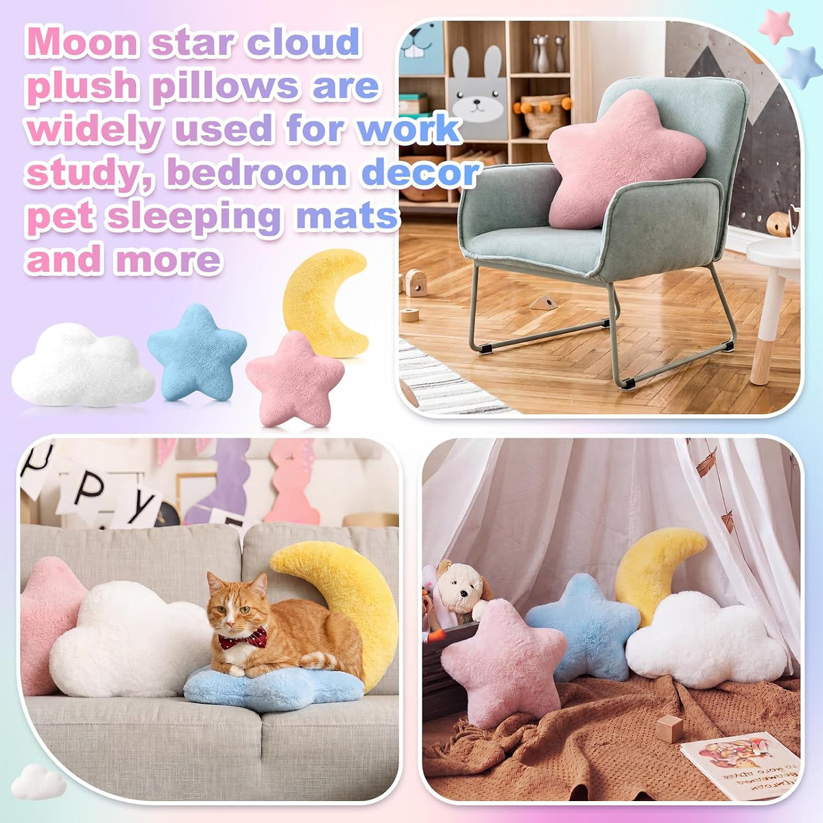 Junkin 4 Pcs Plush Cloud Star Moon Throw Pillow Set, Multicolored