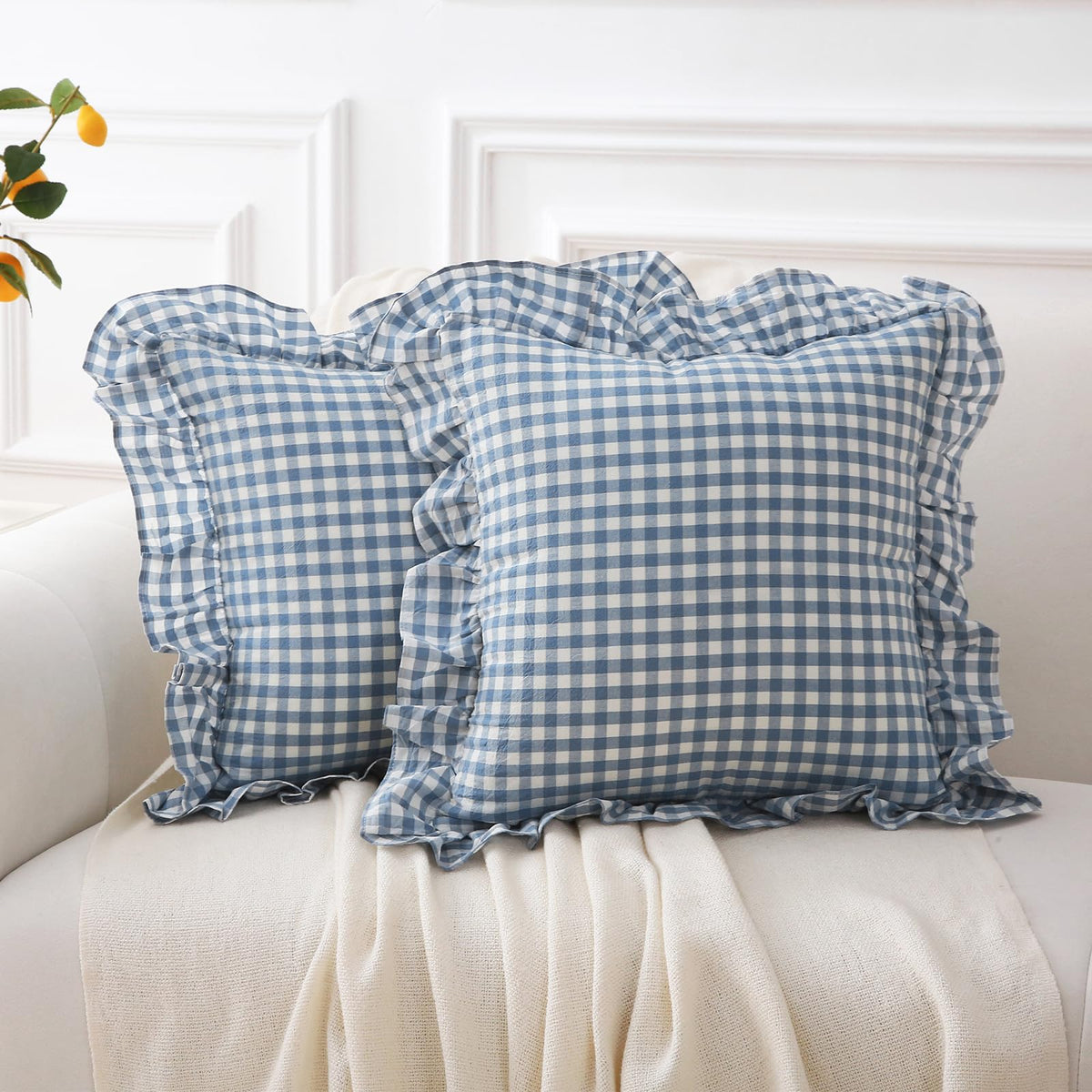 2 Pack Taupe White Gingham Ruffle Throw Pillow Covers 18''x18''