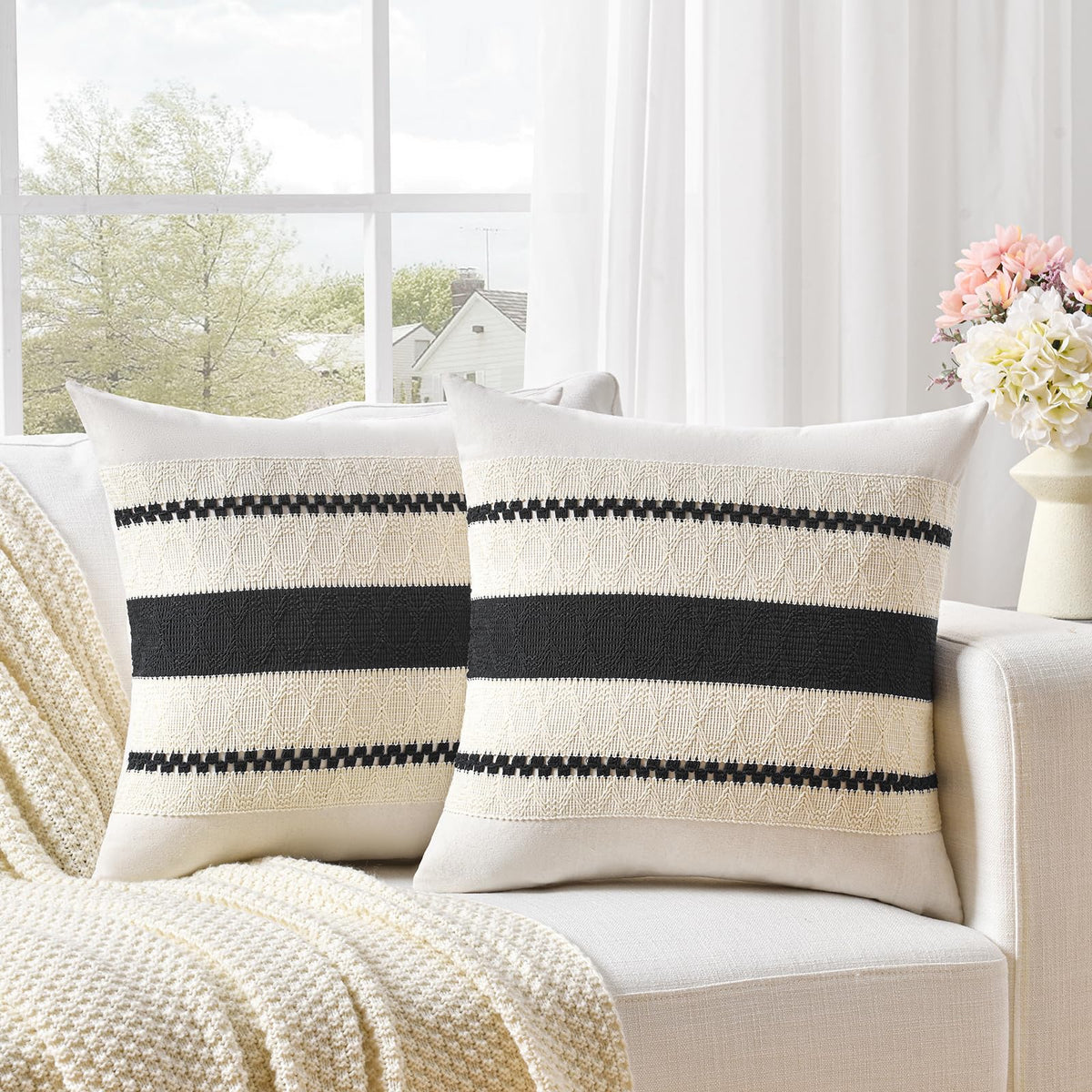 Fancy Homi Set of 2 Boho Olive Green Decorative Throw Pillow Cover 18x18 Inch for Couch Bed Sofa, Aesthetic Modern Organic Farmhouse Home Decor, Soft Cotton Cute Accent Macrame Woven Cushion Case