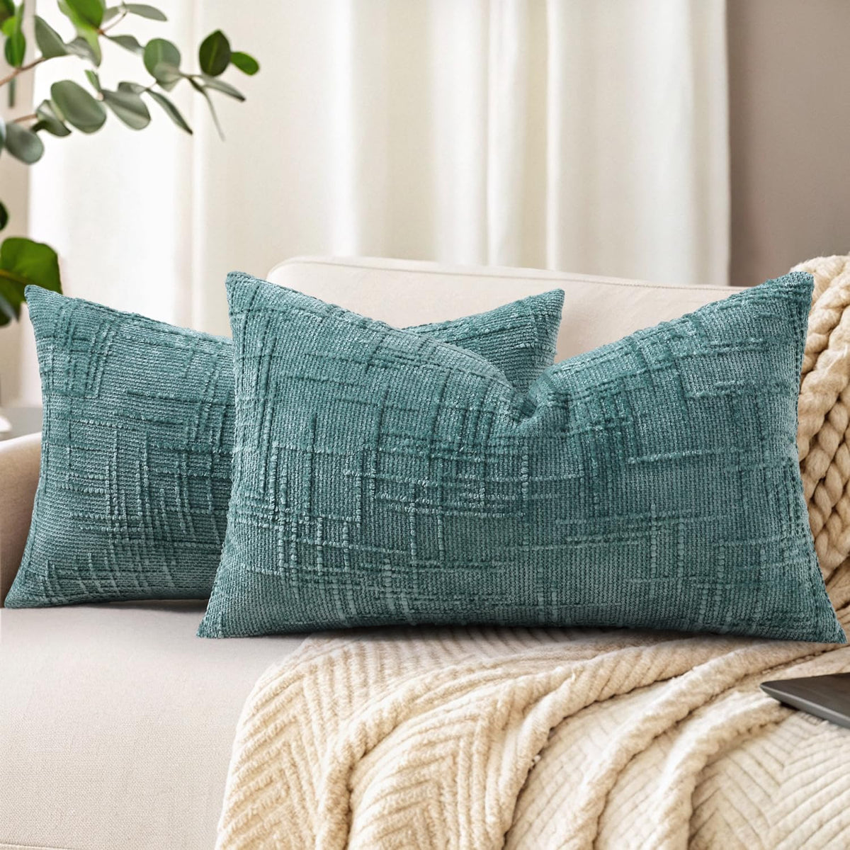 decorUhome Textured Chenille Throw Pillow Covers 18x18 Set of 2 Ivory