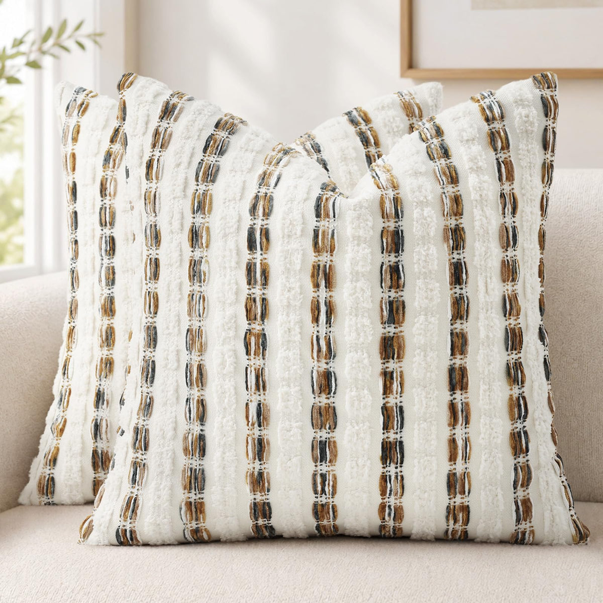 decorUhome Chenille Tufted Stripe Throw Pillow Covers 18x18 Set of 2 Green