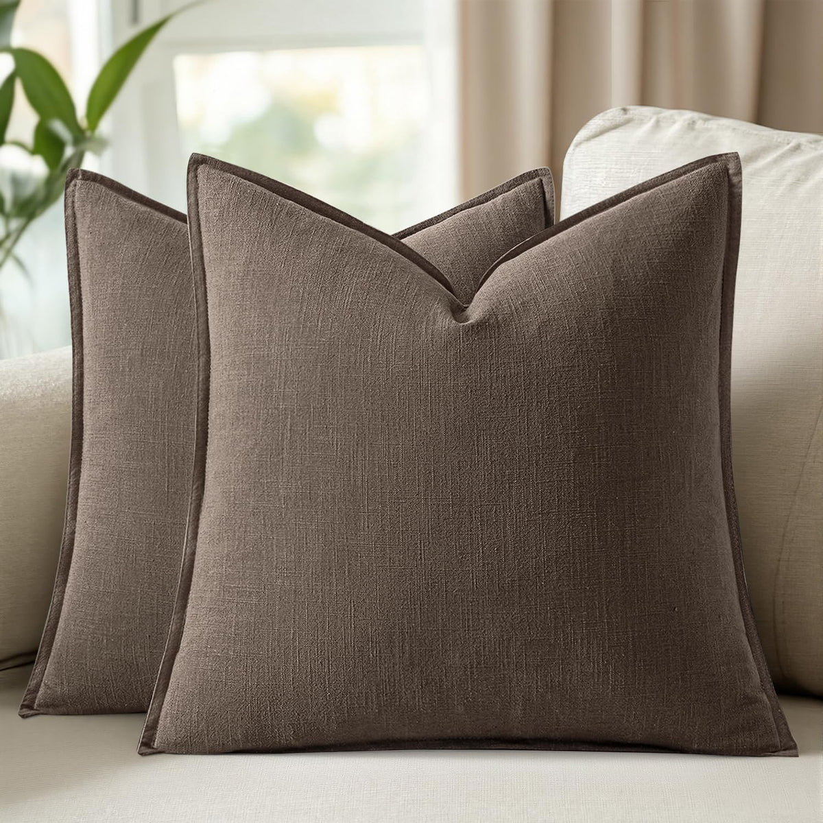 Set of 2 Linen Solid Throw Pillow Covers 20x20 Inch Dark Olive Green