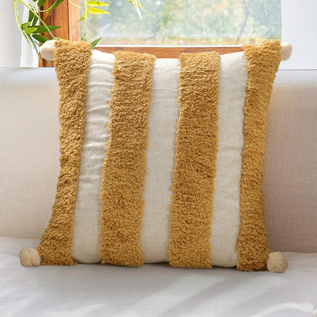 Boho Sofa Throw Pillow Covers – Exquisitely Crafted with Hand-Finished Tuft with Thick Cotton Tassel Details – Soft & Stylish Moroccan Decorative, 18x18inch (Spring Ruched)