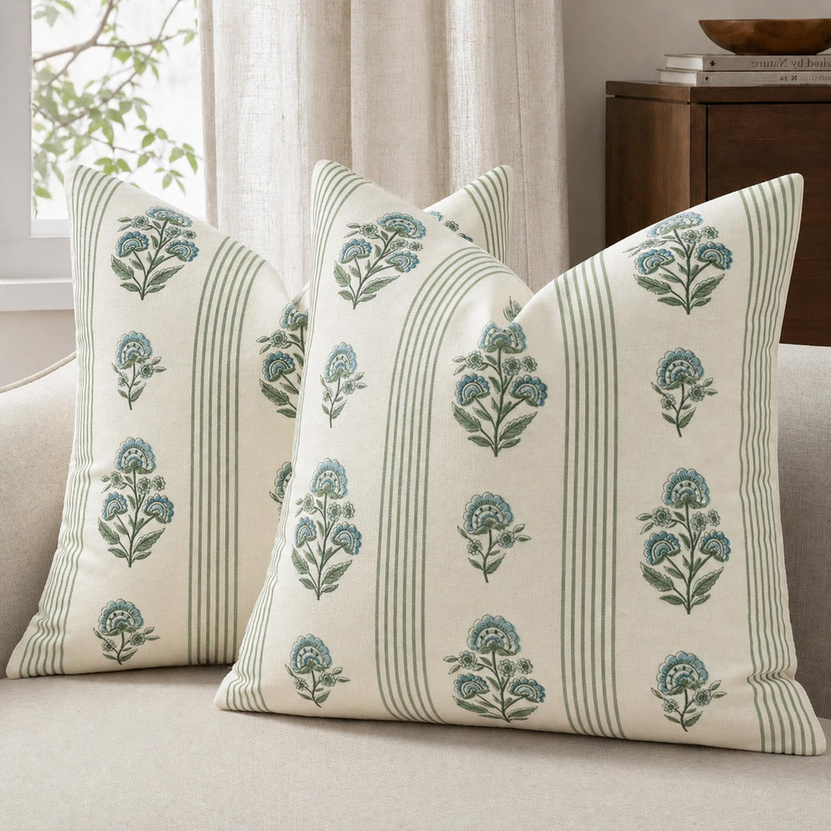 Vintage Throw Pillow Covers 20x20 Set of 2, Striped Floral Fall Pillow Cover Botanical Patterned Decorative Cushion Covers Modern Farmhouse Fall Decor for Sofa Couch Bed Living Room