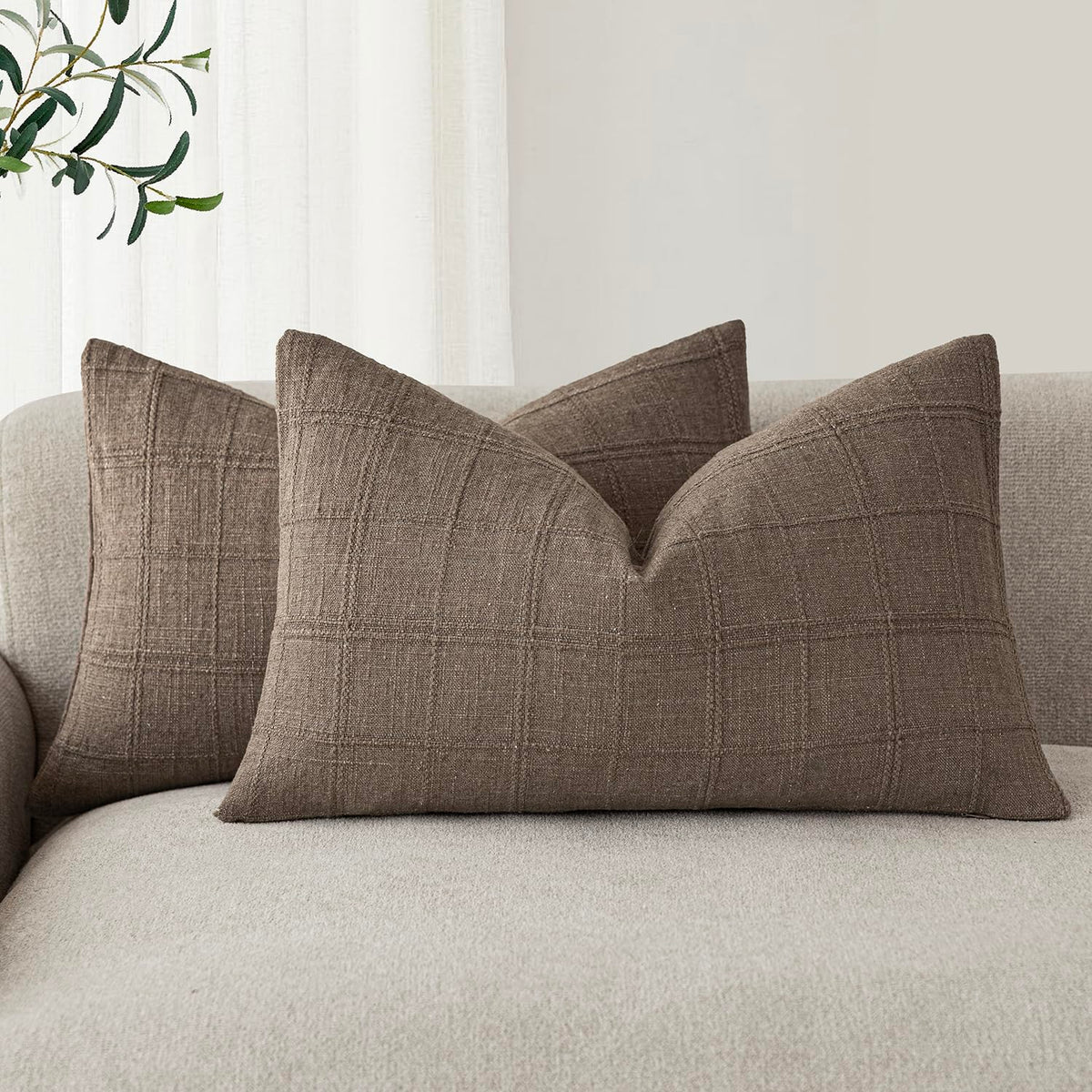 Foindtower Linen Check Decorative Throw Pillow Covers 18×18 Natural Beige