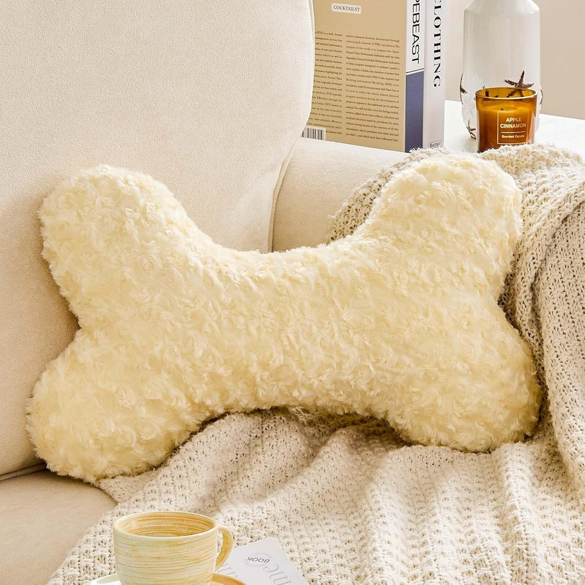 Bone Pillow Cute Bone Shaped Decorative Throw Pillows Aesthetic Home Decor Pillow Pet Pillow Plush Cushion for Bed (Cream, 15 Inch)