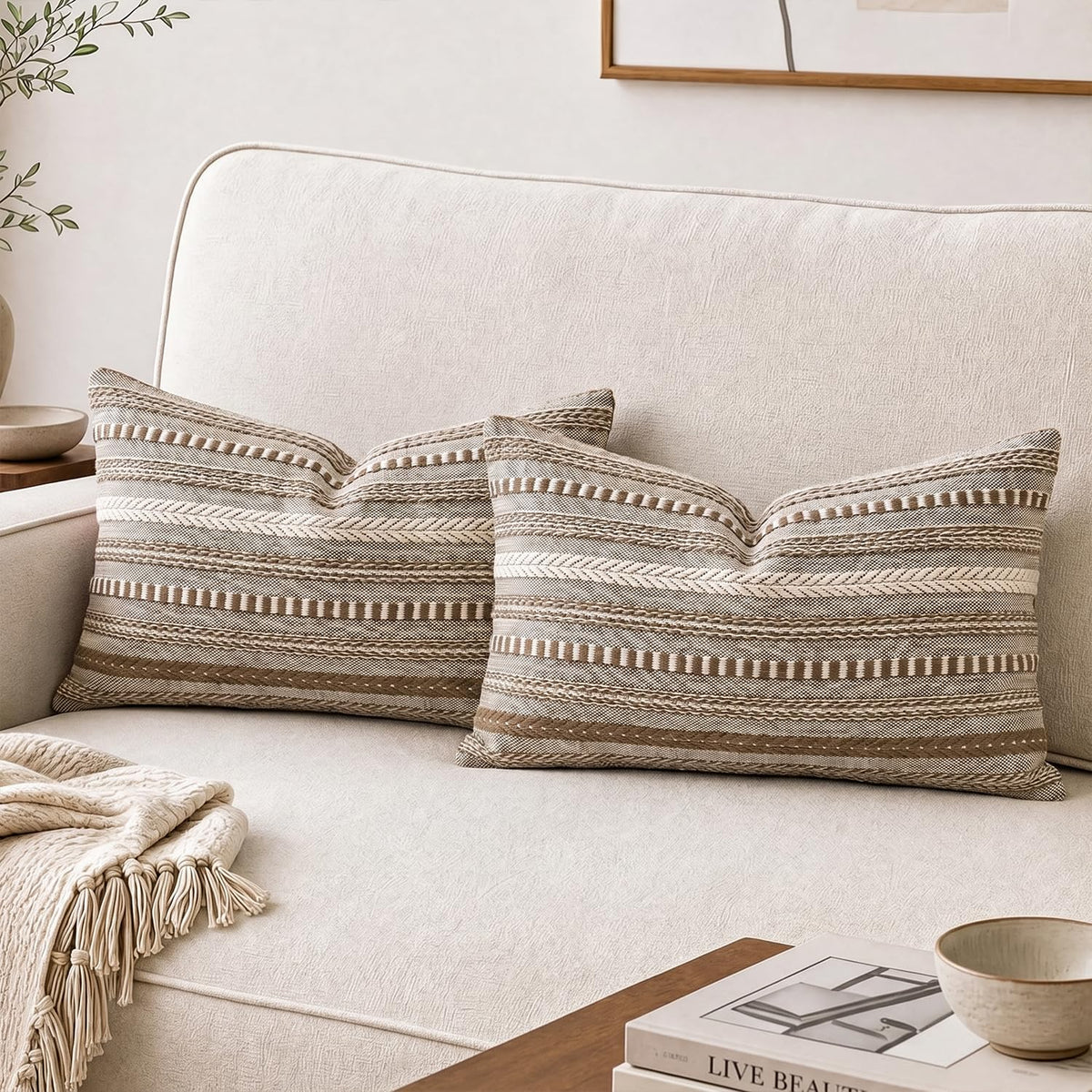 AVOIN colorlife Black Boho Decorative Throw Pillow Covers Set of 2, 18 x 18 Inch Woven Stripe Textured Rustic Cushion Case Home Decor for Living Room Couch Sofa