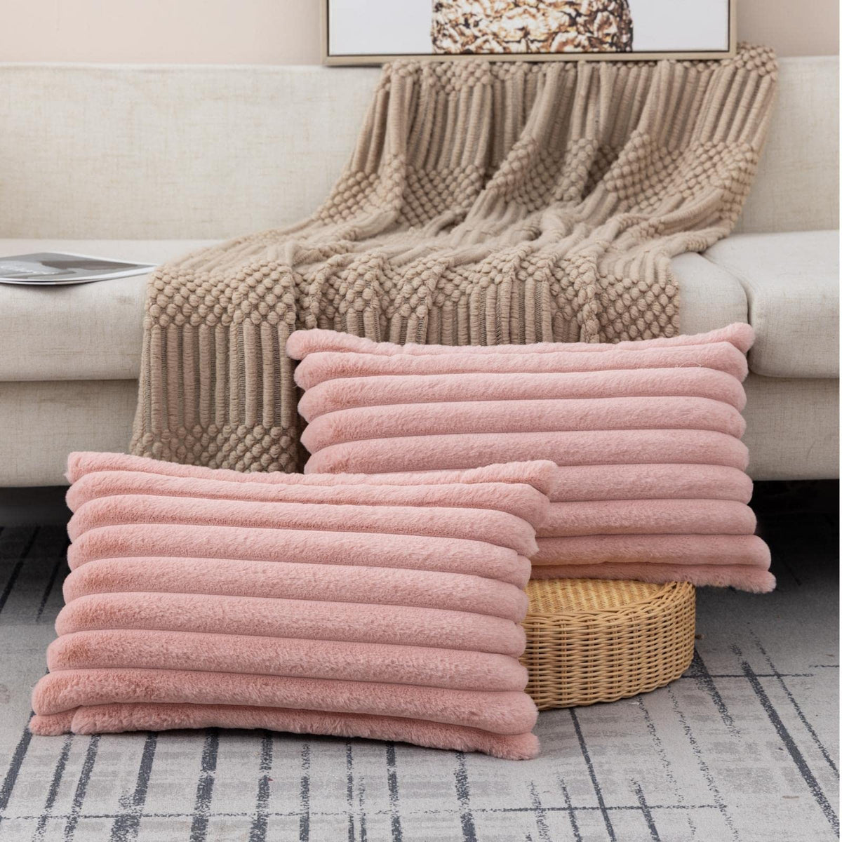 ZLINA Faux Fur Decorative Throw Pillow Covers 22 x 22 Inch,Black