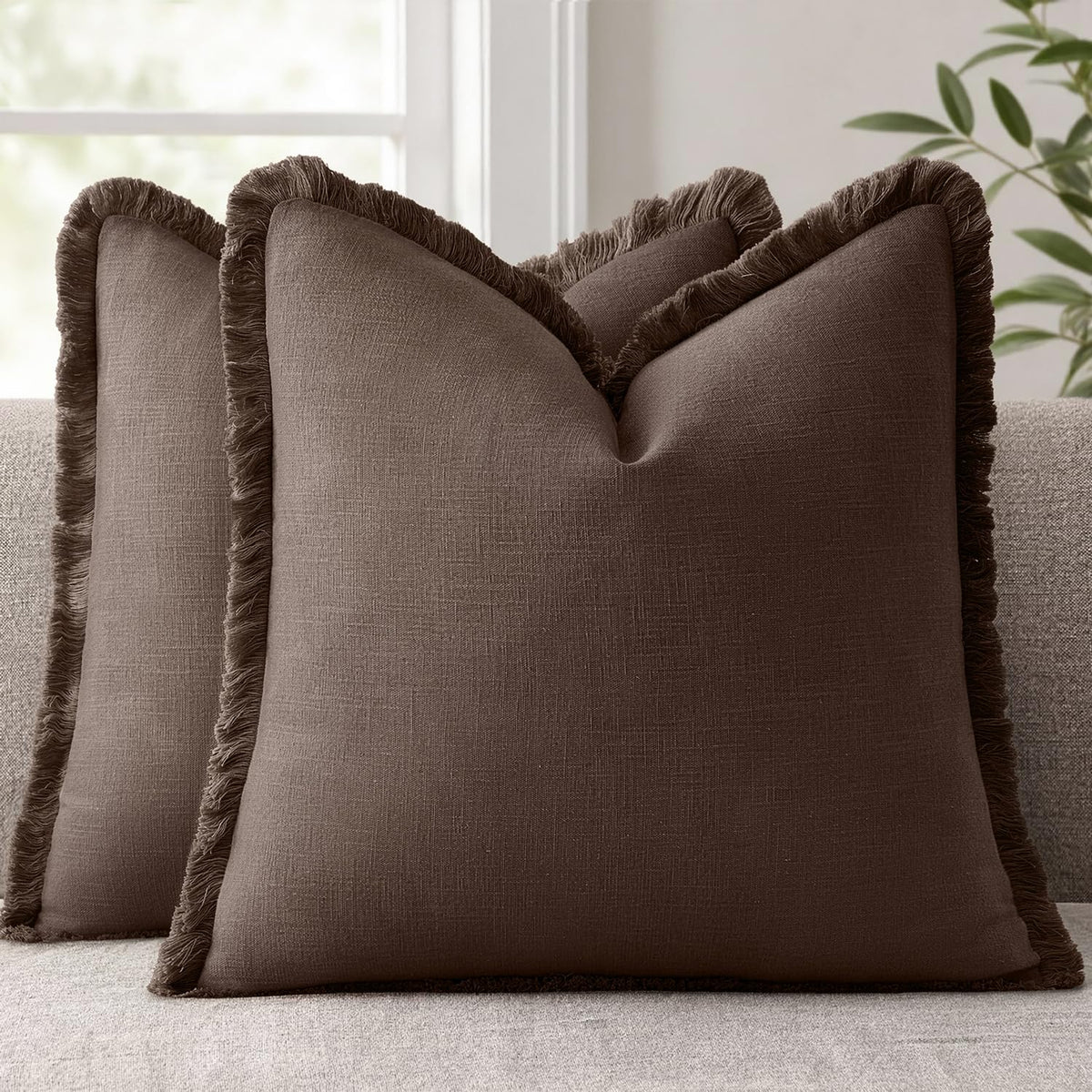 ANRODUO Decorative Linen Fringe Pillow Covers 18×18 Inch Sage Green 2 Pack