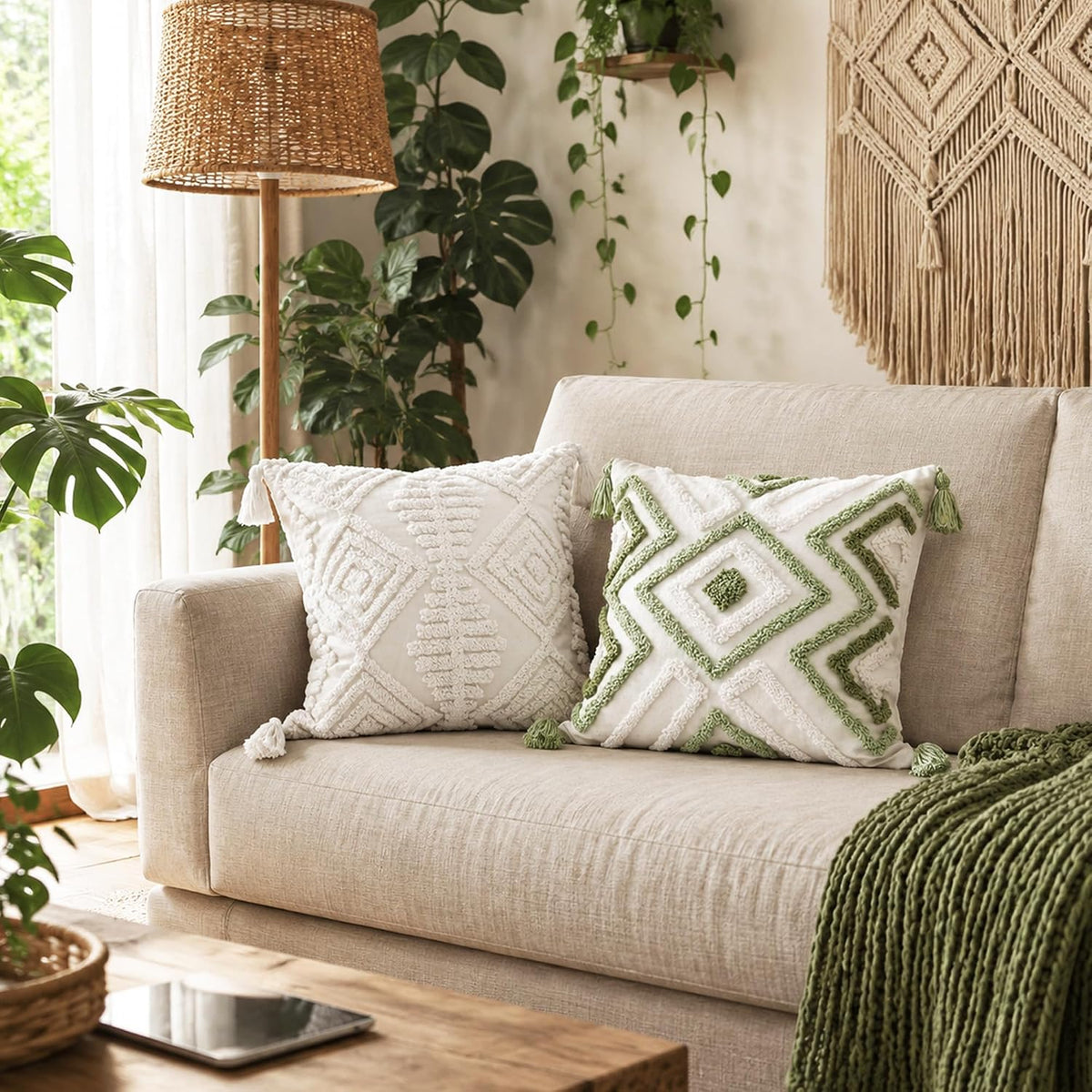 Boho Sofa Throw Pillow Covers – Exquisitely Crafted with Hand-Finished Tuft with Thick Cotton Tassel Details – Soft & Stylish Moroccan Decorative, 18x18inch (Spring Ruched)