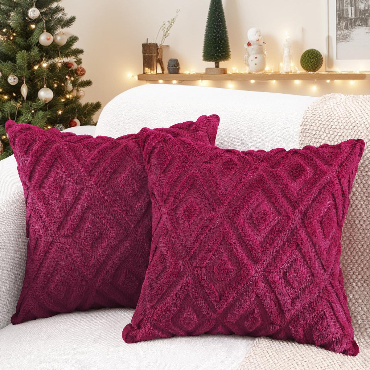 Pallene Fall Cream White Faux Fur Throw Pillow Covers 18x18 Set of 2