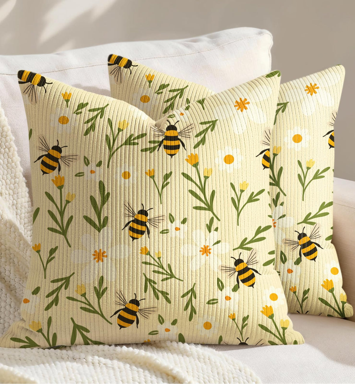 Corduroy Throw Pillow Covers 18x18 - Set of 2 Decorative Spring Pillow Covers with Zipper Farmhouse Decor Cottage Throw Pillowcases for Couch Sofa Living Room Home Bedroom, PK Floral