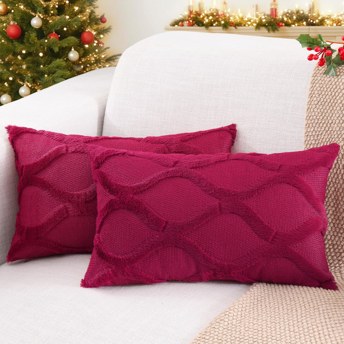 decorUhome Fall Throw Pillow Covers 18x18 Inch Set of 2, Soft Plush Faux Fur Wool Rust Couch Pillow Covers, Decorative Neutral Pillow Cases for Bed Sofa Living Room Home Decor