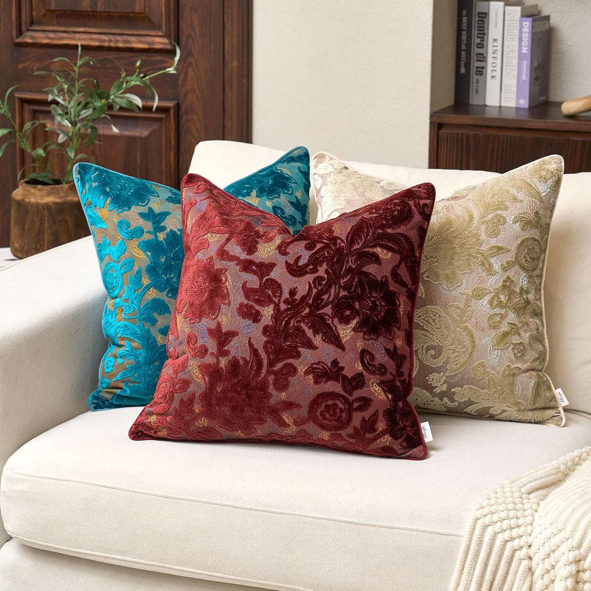 Alerfa Burgundy Neutral Floral Pillow Cover 18 x 18 Inch, Vintage Cut Velvet Square Couch Throw Pillow Cover Soft Decorative Farmhouse Accent Pillowcase for Living Room Bedroom