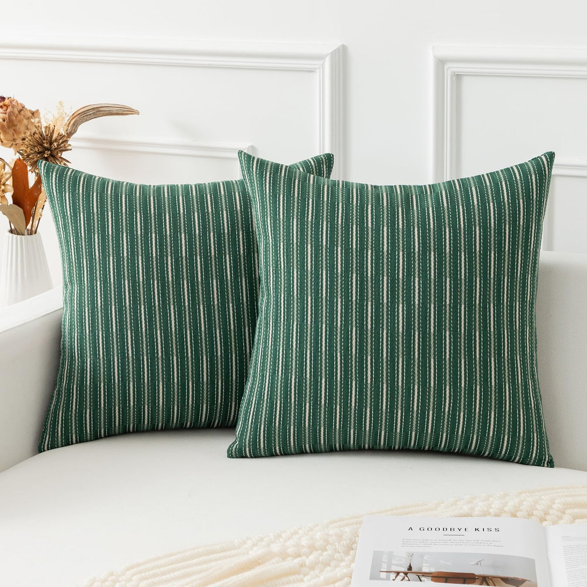 Kevin Textile Valentines Farmhouse Decorative Throw Pillow Covers Boho Woven Texture Burlap Linen Cushion Cover Striped Pillowcase, Wine Red 18 x 18 inches Pack of 2