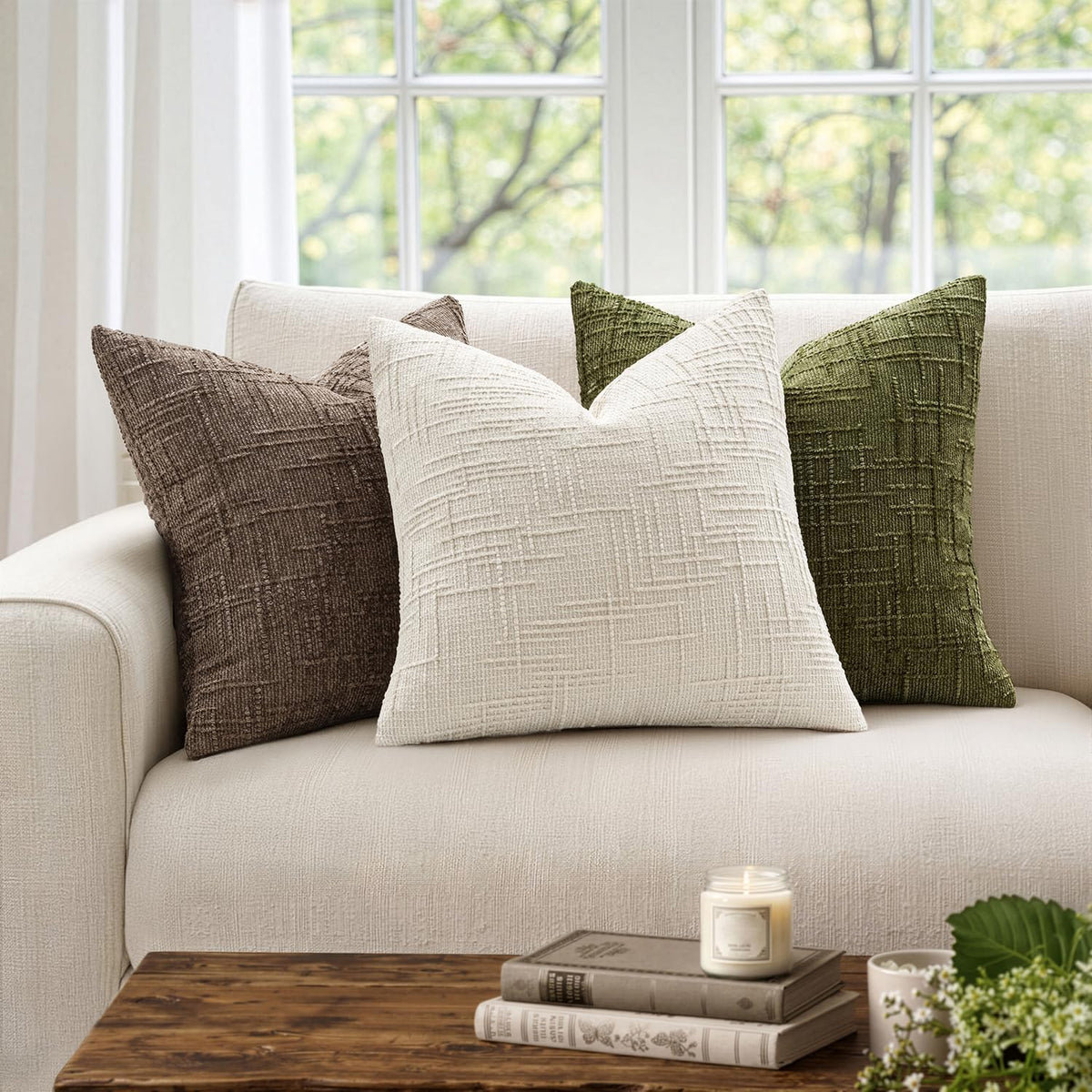 MIULEE Chenille Textured Throw Pillow Covers Cream White 18x18 Set of 2